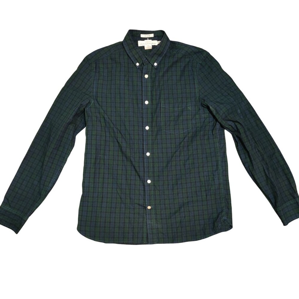 H&M L.O.G.G. M Green Navy Plaid Button Down Shirt Long Sleeve Cotton Gorpcore